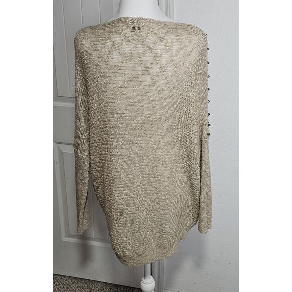 Beige Distressed Knit Sweater With Gold Studs On Long Sleeves - Picture 3 of 12